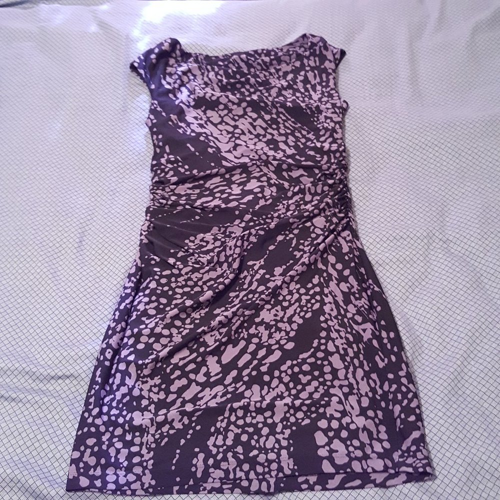 2/$20 Drape Neck Sheath Dress Black Purple 8 Petite, Abstract Print